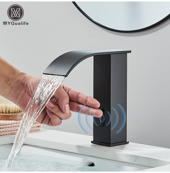 2024 New Black Sensor Basin Faucet Bathroom Automatic Sensor Watefall Faucet Touchless Free Touch Sink Tap Hot Cold Water Mixer Crane