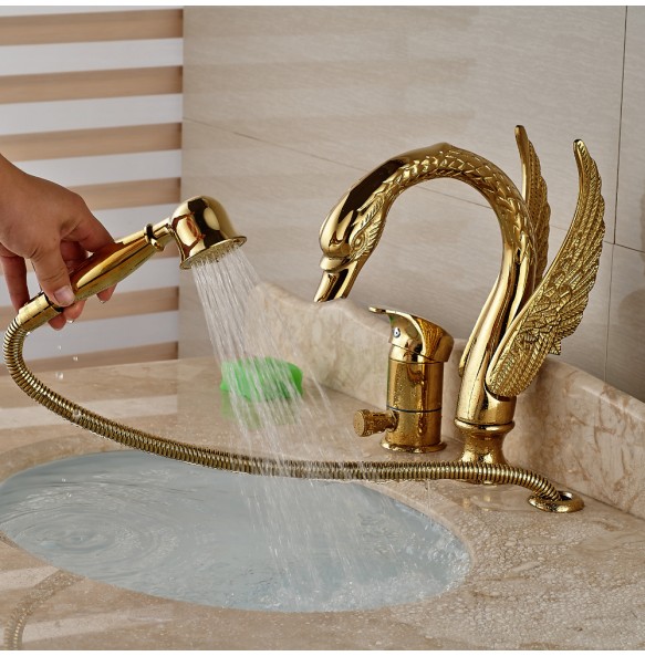 Golden Widespread 3pcs Swan Bathtub Faucet Deck Mount with Handheld Shower Bathroom Tub Mixer Taps