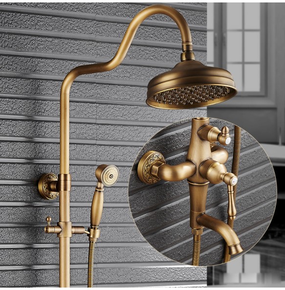 Antique Brass Shower Mixer Faucet Set One Handle with Storage Holder Shower Faucet Taps Swivel Tub Spout 8