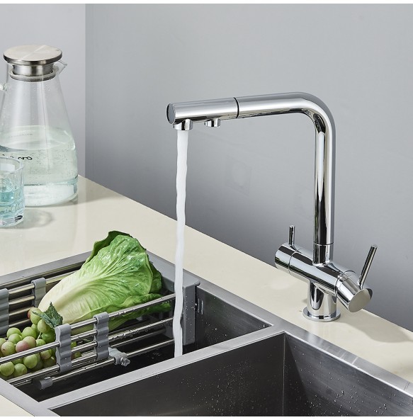 Chrome Brass Pull Out Filtered Kitchen Faucet Dual Handle Hot Cold Drinking Water 3-Way Filter Purification Mixer Taps