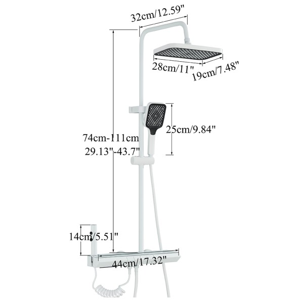 White Shower Faucet Set Rainfall Bathtub Tap With Bathroom Shelf 4 Functions Height Adjust Shower Mixer Crane