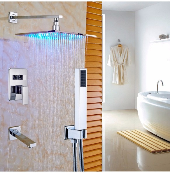 Bathroom LED Light Rainfall Shower Set Handheld Spray Brass Tub Spout Tap Bath Shower Mixer Faucet Wall Mounted Color Changing