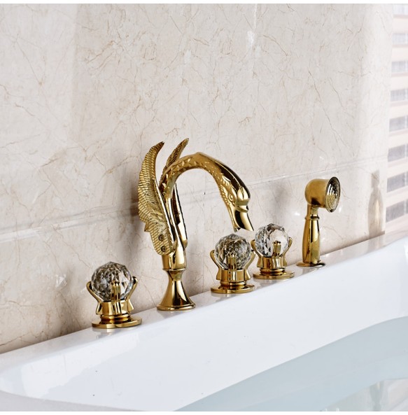 Golden Swan Style Brass Golden Bathtub Tub Faucet Deck Mounted Hot and Cold Water Bath Shower Mixer Taps