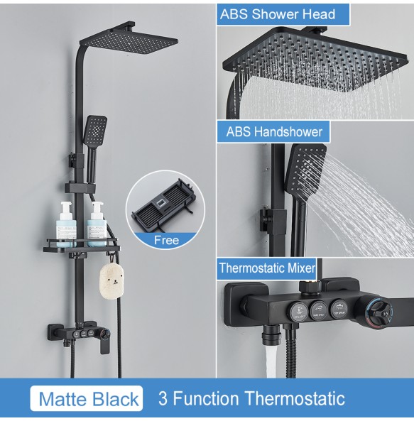 Black Thermostatic LCD Shower Faucet Set Temperature Display Rainfall Bathtub Tap With Bathroom Shelf Electricity By Water