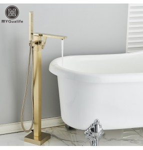 Luxury Brushed Gold Bathtub Faucet Free Standing Bathroom Tub Faucet  6 Types Spout Floor Mounted Bath Shower Mixer Tap