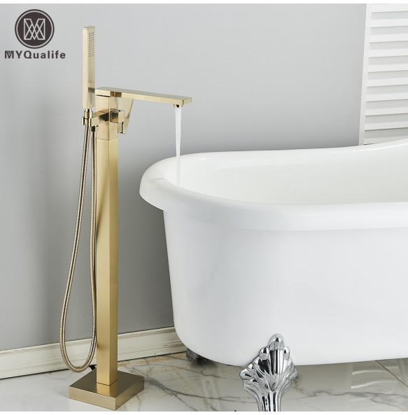 Luxury Brushed Gold Bathtub Faucet Free Standing Bathroom Tub Faucet  6 Types Spout Floor Mounted Bath Shower Mixer Tap