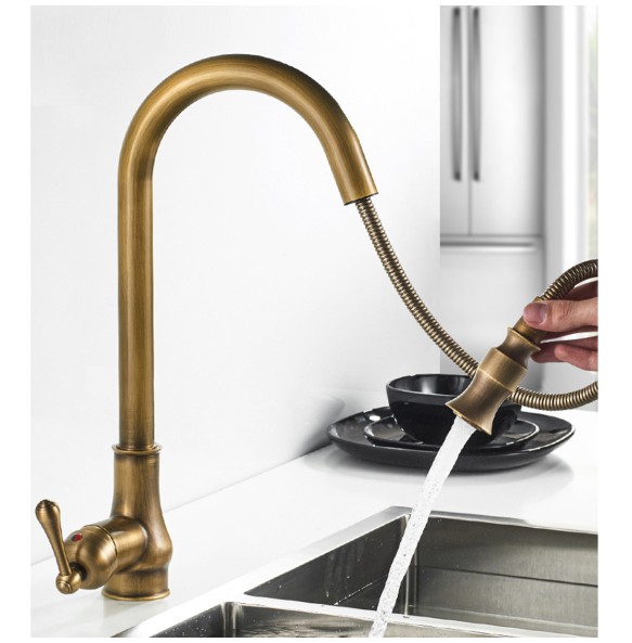 MYQualife Antique Brass Kitchen Sink Faucet Pull Down Swivel Spout Kitchen Deck Mounted Bathroom Hot and Cold Water Mixers