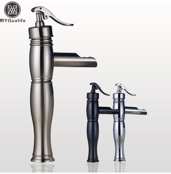 2024 New Deck Mounted Waterfall Basin Faucet Single Lever Brass Hot and Cold Vanity Sink Mixer Taps Short/Tall Vessel Sink Crane Cock