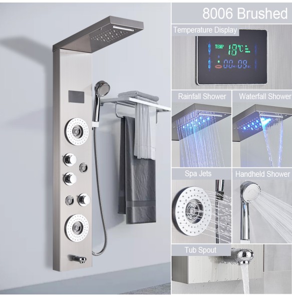 Brushed LED Light LCD Shower Faucet Bathroom SPA Massage Jet Shower Column System Waterfall Rain Shower Panel With Shelf Tap