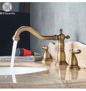 Dual Handle Basin Faucet Widespread Brass Basin Sink Mixer Tap Antique Brass 3 Holes Bath Sink Hot Cold Water Tap