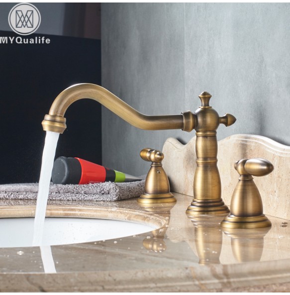 Dual Handle Basin Faucet Widespread Brass Basin Sink Mixer Tap Antique Brass 3 Holes Bath Sink Hot Cold Water Tap