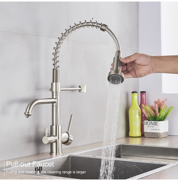 Brushed Pure Water Filter Kitchen Faucet Dual Handle Hot and Cold Drinking Water Pull Out  Kitchen Mixer Crane Purification