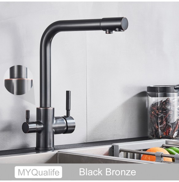 Matte Black Brass Pure Water Kitchen Faucet Dual Handle Hot and Cold Drinking Water 3-way Filter Kitchen Purified Mixer Taps