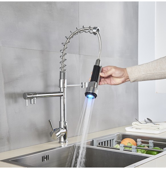 Kitchen Faucet Brushed LED Light Pull-down spring Kitchen Mixer with Hot Cold Water Single Handle Swivel Spout Handheld Head