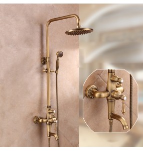 Antique Brass Shower Mixer Faucet Set One Handle with Storage Holder Shower Faucet Taps Swivel Tub Spout 8