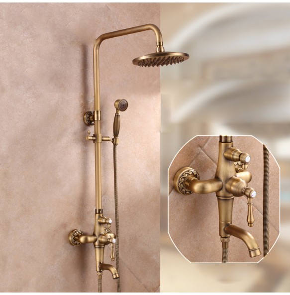 Antique Brass Shower Mixer Faucet Set One Handle with Storage Holder Shower Faucet Taps Swivel Tub Spout 8