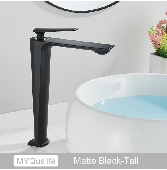 2024 New Black Tall Basin Brass Sink Faucet Bathroom Mixer Tap Single Handle Hot Cold Water Deck Mounted Vanity Sink Faucet