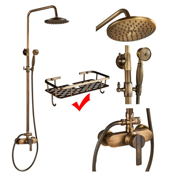 Antique Brass Shower Faucet Mixers Dual Handle Rainfall 8