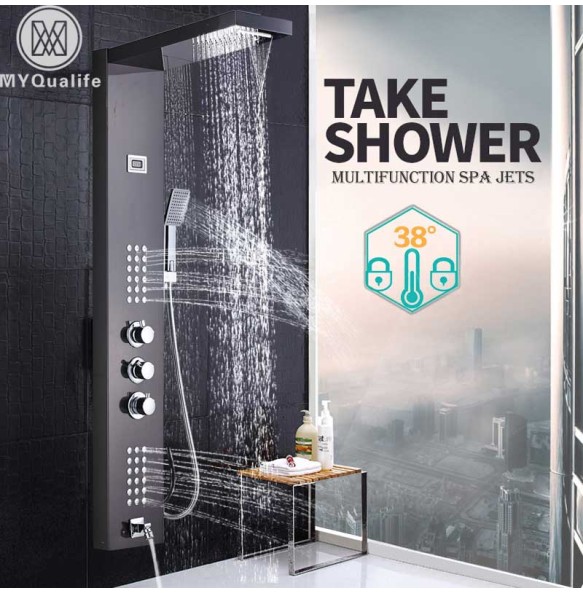 Brushed Nickel Thermostatic Shower Faucet Waterfall Rain Shower Panel 3 Handles Bathroom Shower Mixer Column with Handshower