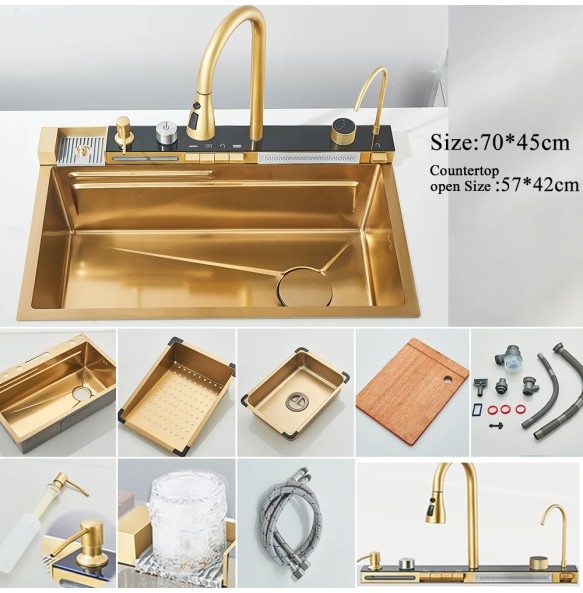 304 Stainless Steel Waterfall Kitchen Sink Large Single Slot Integrated Digital Display Faucet Set Soap Dispenser Cup Washer