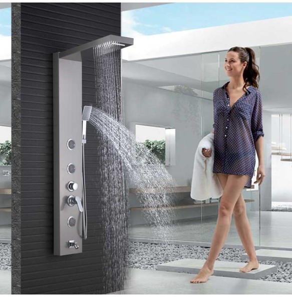 Stainless Steel Black Bath Shower Column Wall Mounted Rain Waterfall Shower Panel Mixers Rotate Body Massage Jets Shower System