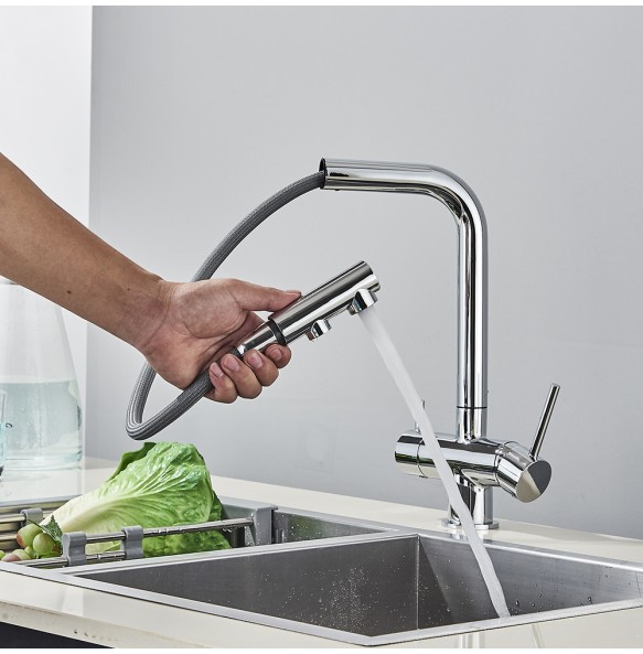 Chrome Brass Pull Out Filtered Kitchen Faucet Dual Handle Hot Cold Drinking Water 3-Way Filter Purification Mixer Taps