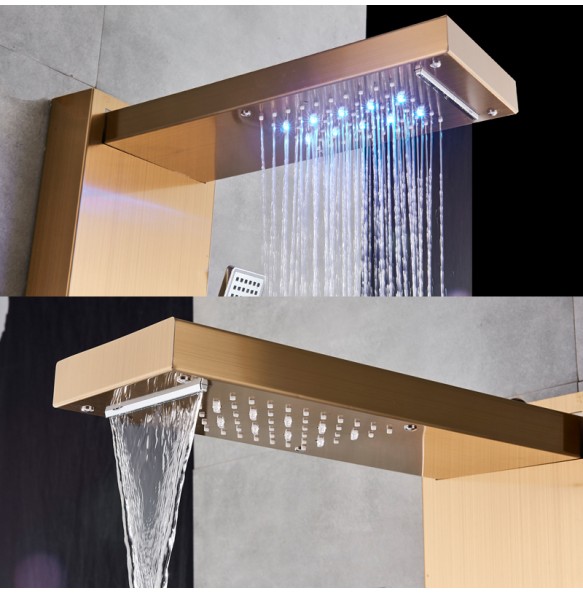 Golden Shower Panel LED Light Bathroom Bath Shower Column Tower Digital Screen Waterfall Rain shower Mixers Rotate Massage Jets