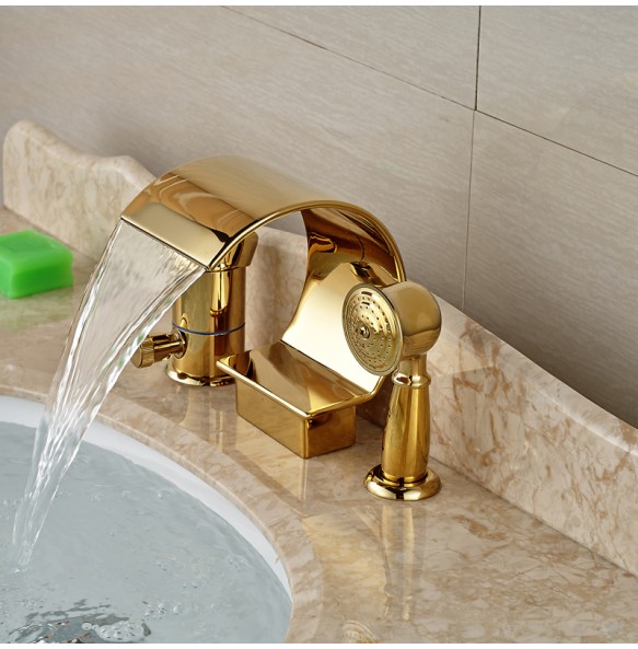 Luxury Golden Waterfall Bathtub Mixer Faucet Deck Mount Single Handle Tub Tap with Handheld Shower