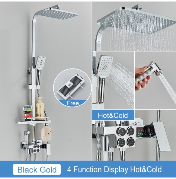 Black Thermostatic LCD Shower Faucet Set Temperature Display Rainfall Bathtub Tap With Bathroom Shelf Electricity By Water