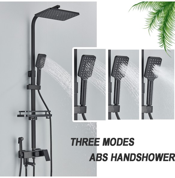 Black Brass Shower Faucet Set Rainfall Bathtub Tap With Bathroom Shelf 4 Functions Height Adjust Shower Mixer Crane Fast Delivey