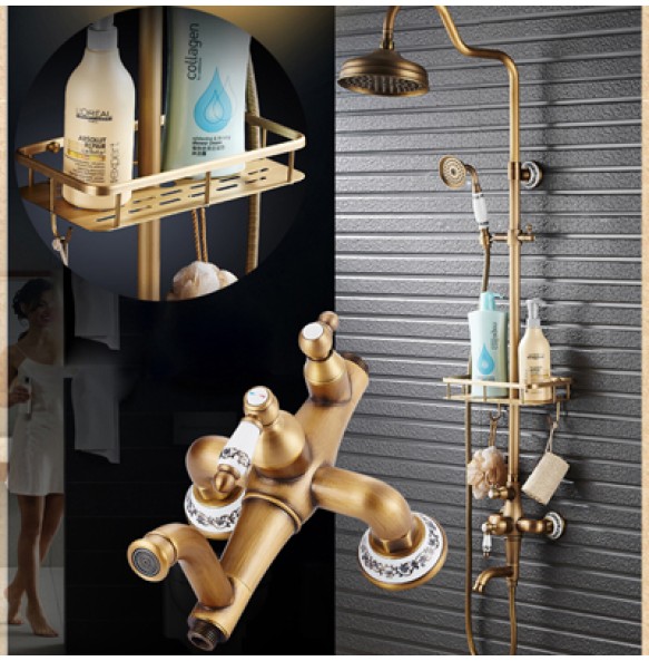 Antique Brass Shower Mixer Faucet Set One Handle with Storage Holder Shower Faucet Taps Swivel Tub Spout 8