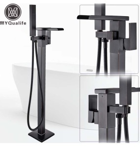 Floor Mounted Waterfall Spout Tub Mixer Faucet Black Bronze Bathroom Bath Shower Set with Handshower Freestanding Bathtub Tap