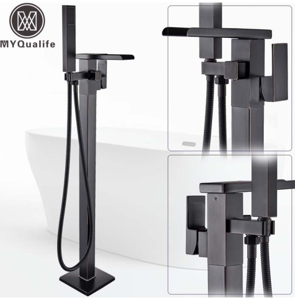 Floor Mounted Waterfall Spout Tub Mixer Faucet Black Bronze Bathroom Bath Shower Set with Handshower Freestanding Bathtub Tap