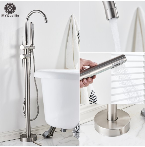 Floor Mounted Chrome Bath Tub Faucet Clawfoot Free Standing Bath Mixer Tap with Handshower Single Lever Bathtub Faucet