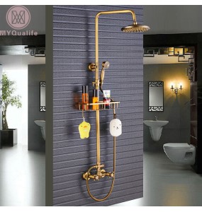 Antique Brass Shower Faucet Mixers Dual Handle Rainfall 8