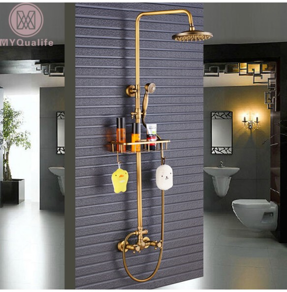 Antique Brass Shower Faucet Mixers Dual Handle Rainfall 8