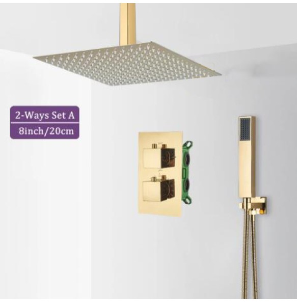 Brushed Thermostatic Shower Faucet Set Dual Handle Ceiling Mounted Square Rainfall With Handshower Concealed Gold Bathroom Tap