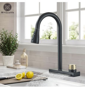 Black Kitchen Faucet With Rainfall Waterfall Wash 4 Function Brass Single Hole Pull Out Mixer Hot Cold Water Taps Deck Mounted