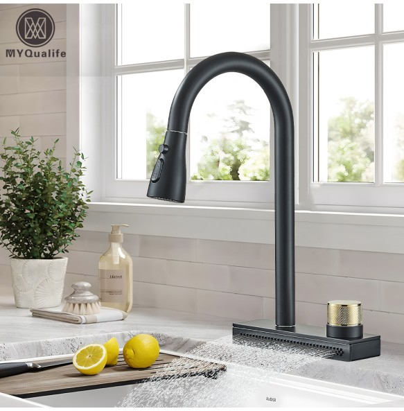 Black Kitchen Faucet With Rainfall Waterfall Wash 4 Function Brass Single Hole Pull Out Mixer Hot Cold Water Taps Deck Mounted