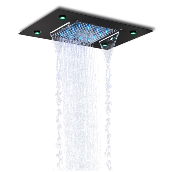 Black LED Rain Waterfall Shower Head Remote Control LED Colors Ceiling Mounted Shower Head 50*35CM Square Head Bathroom Shower