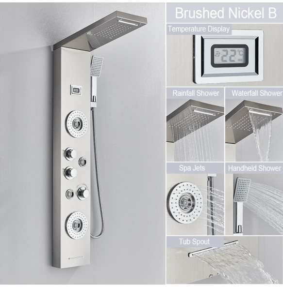 Shower Panel Waterfall Rain Shower Faucet Set SPA Massage Jet Bath Shower Column Temperature Display Mixer Tap Tower