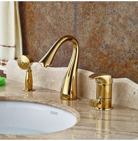 Deck Mounted Widespread 3pc Bathroom Bath Tub Mixer Faucet Brass Handshower Goose Neck Spout Bathroom Mixer Taps