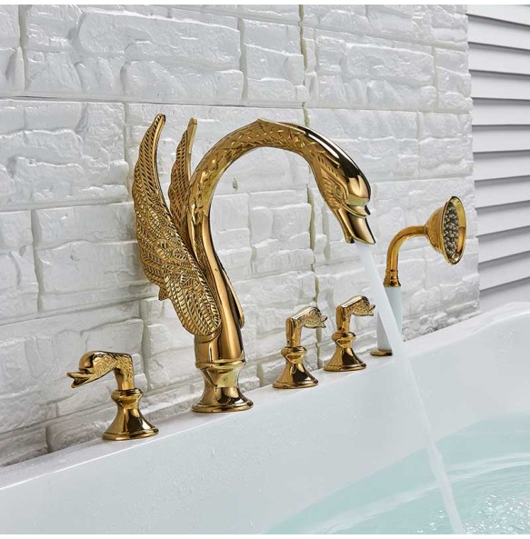 Widespread Swan Bathtub Faucet Golden Tub Mixer Tap Deck Mounted 3 Handle Swan Bath Shower Set with Pull Out Handshower Head