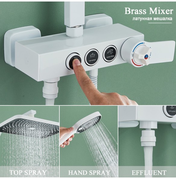 White Thermostatic Shower Faucet Fixed Temperature 3 Way Key Rainfall System Bathtub Tap With Big Showerhead Bathroom Shelf