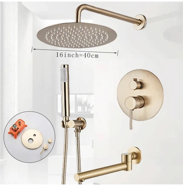 Brushed Gold Shower Faucet Set Round Brass Bathroom Wall Mount Rotate Tub Spout  Rainfall Head 3 Ways Mixer Tap