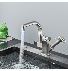 LED Light Kitchen Faucet Mixer Tap Single Handle Two Swivel Spouts Kitchen Hot Cold Water Tap Pull Out Flushing Spray Tap