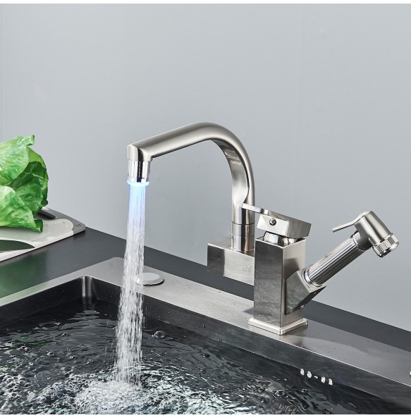 LED Light Kitchen Faucet Mixer Tap Single Handle Two Swivel Spouts Kitchen Hot Cold Water Tap Pull Out Flushing Spray Tap