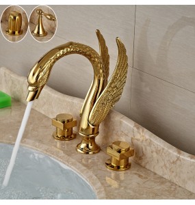 Swan Shape Dual Handle Golden Washing Basin Faucet Widespread Deck Mounted Bathroom Basin Mixer Tap with Hot and Cold Water