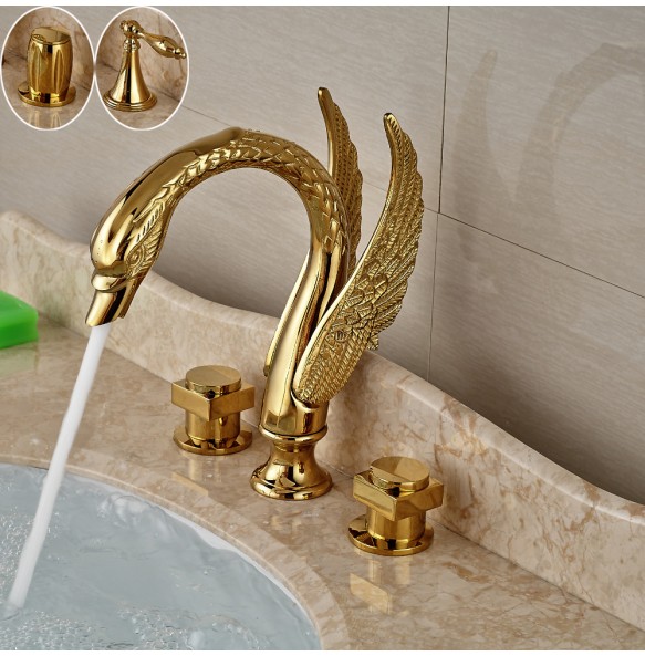 Swan Shape Dual Handle Golden Washing Basin Faucet Widespread Deck Mounted Bathroom Basin Mixer Tap with Hot and Cold Water