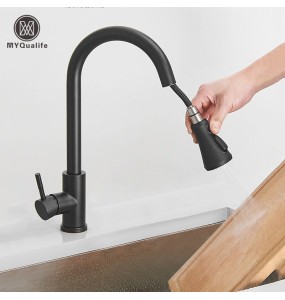 Black Pull Out Kitchen Sink Faucet Deck Mounted Stream Sprayer Kitchen Mixer Tap Bathroom Kitchen Hot Cold Tap